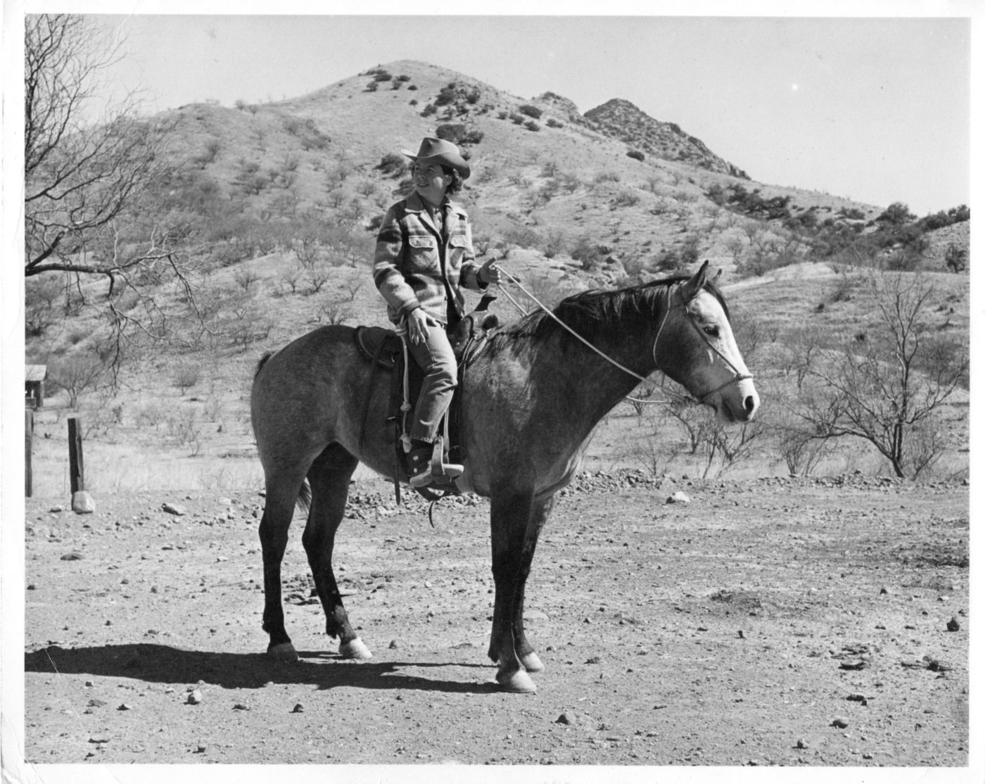 Cowboy wearing a plaid jacket and hat rides a horse in a dry, hilly desert landscape.