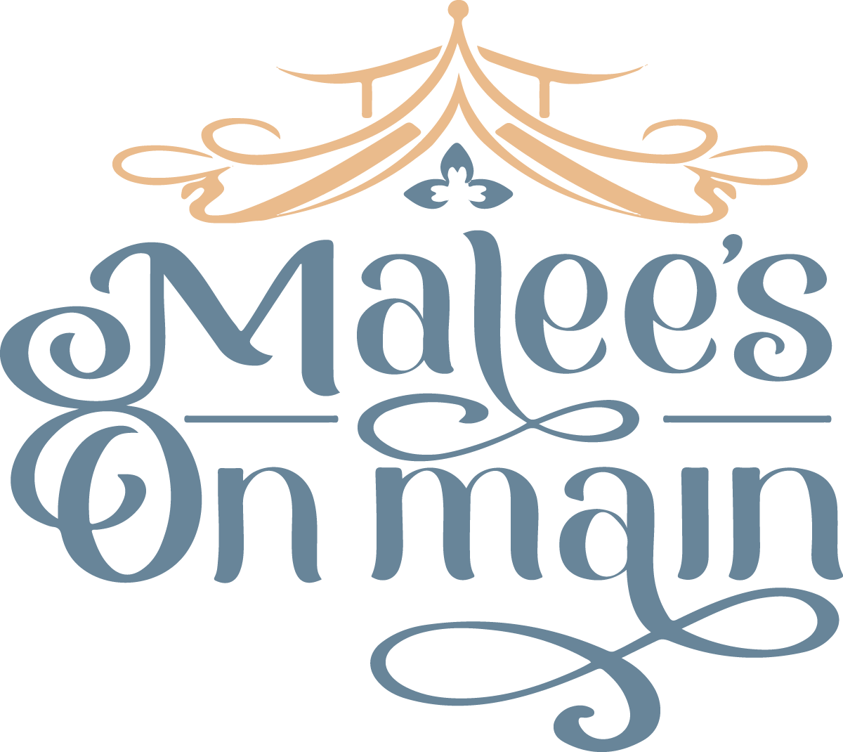 Malee's+Thai+Bistro+Online+Ordering+Logo.png Logo reading Maelee’s On Main with an orange-gold decorative flourish above dark blue text on a black background, ornate and elegant styling.