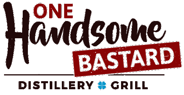 image Logo for 'One Handsome Bastard Distillery & Grill' with 'One' above 'Handsome', 'BASTARD' in a teal ribbon, and 'DISTILLERY • GRILL' beneath.
