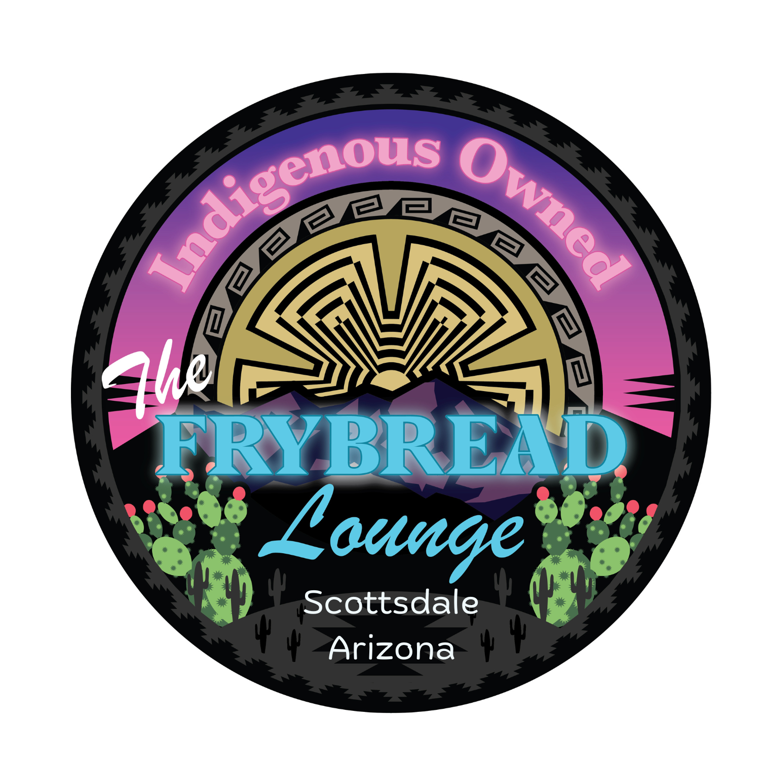 Frybread Lounge Logo Scottsdale - Copy Circular logo for Indigenous Owned Fry Bread Lounge, Scottsdale, Arizona, with desert cactus graphics and turquoise title text.