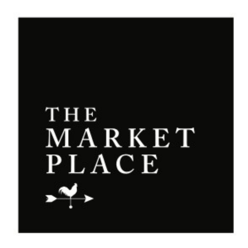 Logo Square Logo: black square background with white uppercase text 'THE MARKET PLACE' and a small white weather vane icon below.