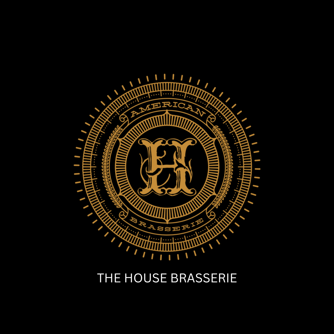 THE HOUSE BRASSERIE Gold ornamental circular seal on a black background with a central intertwined monogram; surrounding ring reads 'American Brasserie' and 'The House Brasserie' below.