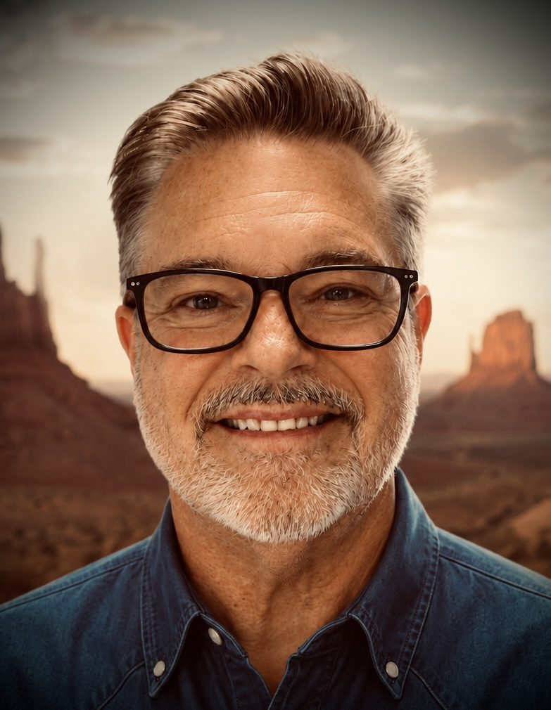 Smiling man with gray beard and black glasses, wearing a denim shirt, against a desert landscape.