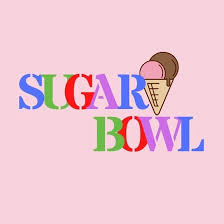 sugar bowl Brand logo for Sugar Bowl with multicolored wordmark and a small ice cream cone on a pink background.